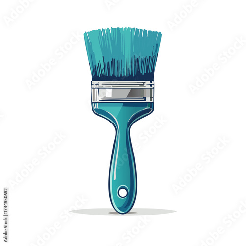 Bright Teal Paintbrush with Silver Ferrule and Blue Bristles Isolated