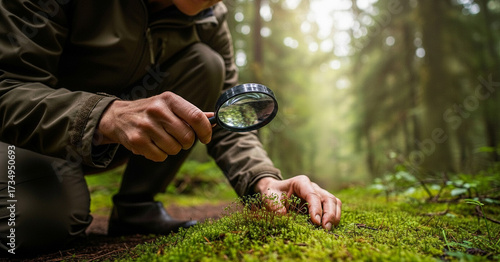 Researcher kneeling in forest examining moss with magnifying glass, close-up scientific fieldwork in nature