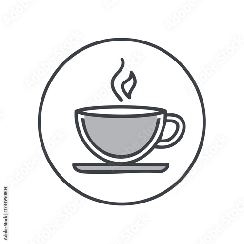 Simple line art icon of a steaming hot coffee cup on a saucer inside a circle