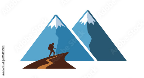 Mountain Hiking and Adventure Travel Logo. A vector emblem of a backpacker on a trail looking at a snowy mountain peak for exploration concepts.