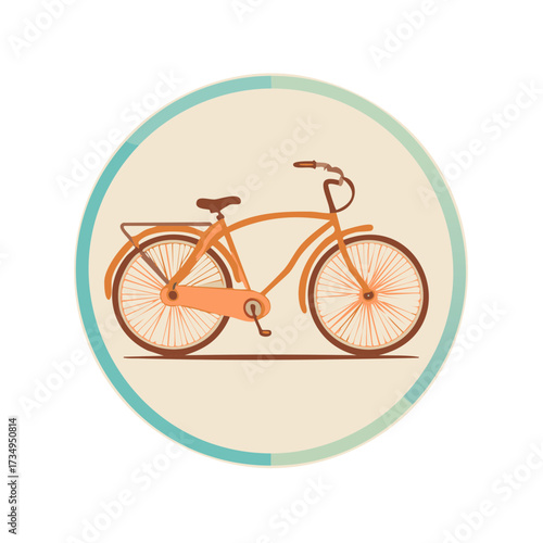 Vintage style orange cruiser bicycle vector illustration with fenders and a luggage rack within a decorative circular frame