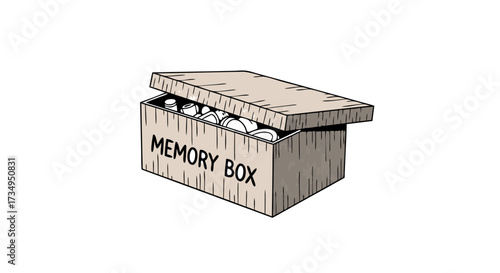 Hand Drawn Memory Box full of Nostalgia and Keepsakes. A conceptual sketch about the past, remembrance, psychology, and personal history.