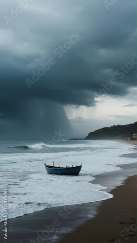 A lone blue boat rests on a stormy beach as dark clouds loom overhead and rain falls in the distance.