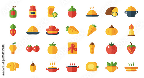 Food and Cooking Flat Icon Collection. A colorful vector set of grocery items, meals, fruits, and vegetables for a restaurant menu or recipe design.