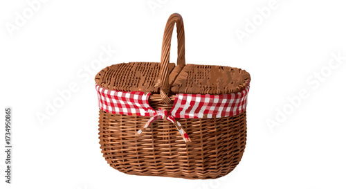 Wicker Picnic Basket with Red Gingham Ribbon. A detailed illustration of a classic food hamper for an outdoor summer lunch or family outing.