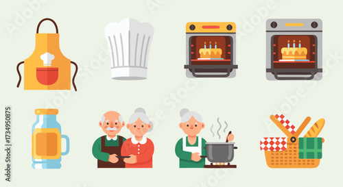Grandparents Cooking and Baking Flat Icon Set. Senior couple preparing homemade food, baking a birthday cake, and enjoying retirement lifestyle hobbies.