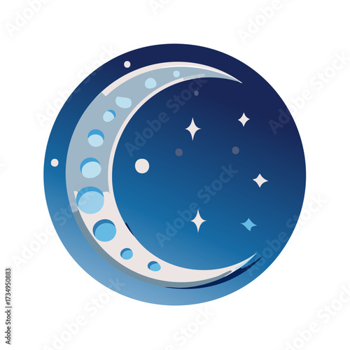 Stylized crescent moon and stars, celestial night sky vector illustration