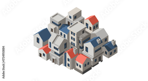 Isometric Cityscape Illustration. A 3D vector graphic of a small town, village, or dense urban neighborhood with many houses and buildings.
