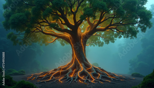 Organic Data Tree with Roots of Flowing Digital Information