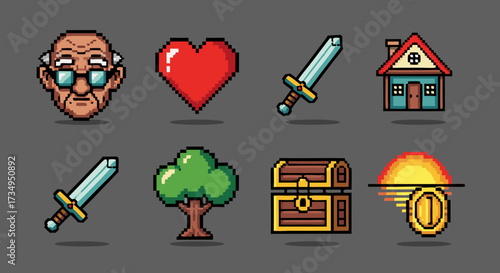 Fantasy RPG Pixel Art Icon Set. A collection of 16-bit retro video game sprites for an adventure quest, including items, life, and weapons.