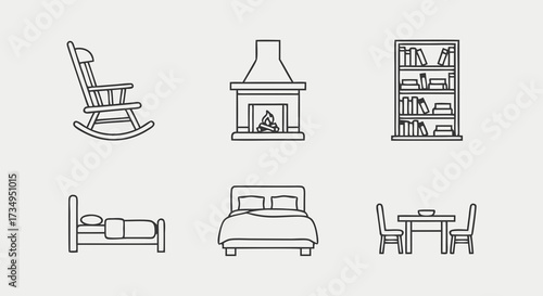 Household Furniture Linear Icon Collection. Outline symbols for home interiors, including bedroom, living room, and dining room furniture.