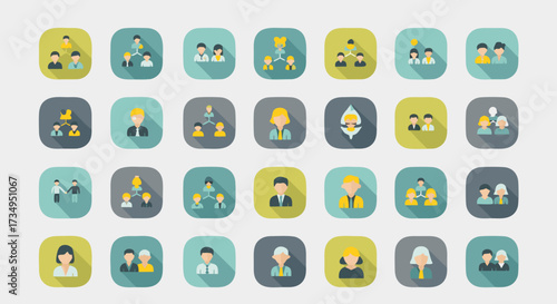 A large collection of business icons in a modern long shadow style. Features a variety of employee avatars and organizational charts, perfect for human resources and management concepts.