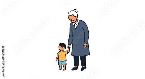 Loving grandmother holding the hand of her little grandson. A vector illustration about family bonds, support, and intergenerational relationships.