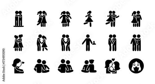 Diverse set of people pictograms. Glyph icons depicting individuals and groups in various poses and interactions, including family and professional settings.
