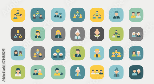 Business organization and corporate structure flat icon collection. Vector symbols for teamwork, management, and human resources concepts.