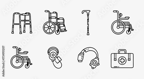 A collection of eight modern line art icons for disability and medical aids. Includes walkers, various wheelchairs, a prosthetic leg, a hearing aid, and a doctor's bag for accessibility concepts.