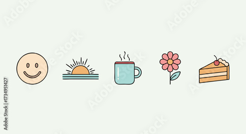 Pastel Color Line Art Icons for a Happy Daily Routine and Well Being