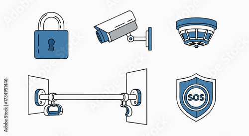 Home Security and Emergency Response Vector Icon Set with Outline Style