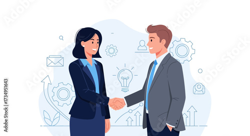 Business deal agreement, partnership handshake between business man and woman to close a deal