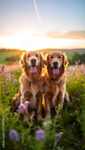 Fototapeta Naklejka Na Ścianę i Meble -  Two golden retrievers in a field of purple flowers at sunset