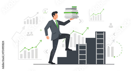 Business growth and success, businessman climbing stairs of progress, achieve goals