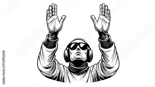 Cool person with headphones and sunglasses raising hands, black and white vector illustration for music, party, or worship concepts.