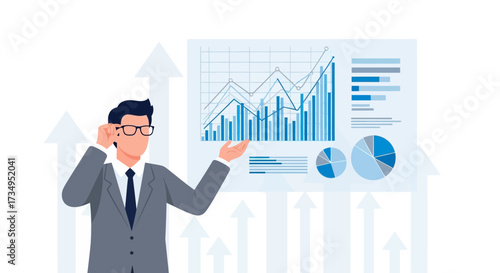 Business Presentation With Charts, Arrows, Statistics Depicting Growth And Progress