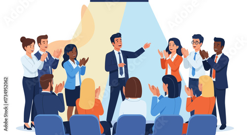Business presentation with diverse colleagues applauding and celebrating success illustration