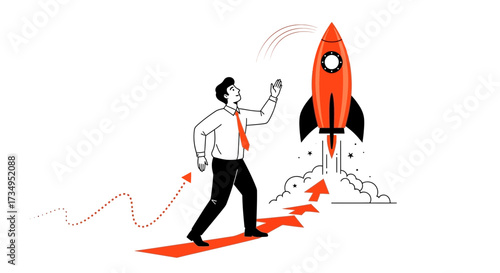Business Journey: Man Reaching For Success With Rocket Launch, Goals And Growth Concept