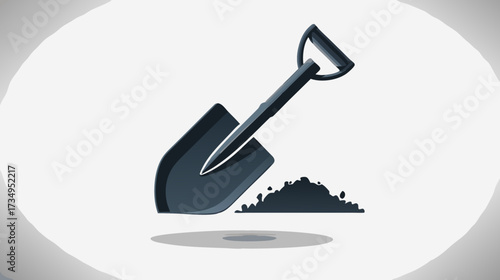 Graphic illustration of a dark grey shovel and a small pile of rich brown dirt, a gardening or construction digging tool isolated on white.