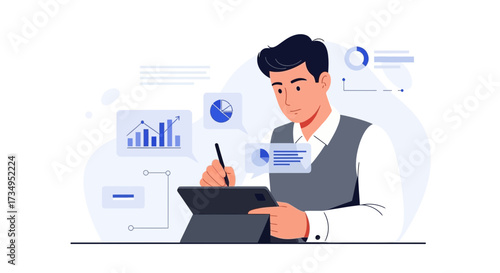 Business professional analyzing data and statistics on tablet computer for reports