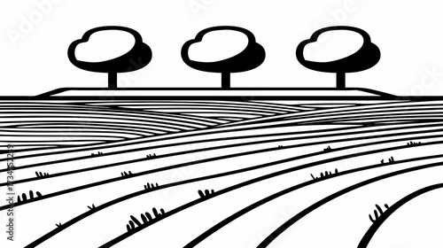 Stylized black and white illustration of a rural landscape with a plowed field and three trees on the horizon, depicting farming and nature.