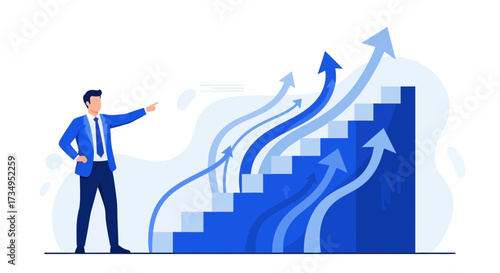 Business Leader Pointing Towards Success, Climbing The Stairs Of Achievement