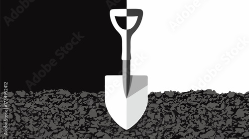 Minimalist shovel digging into dark ground with contrasting black and white background vector illustration