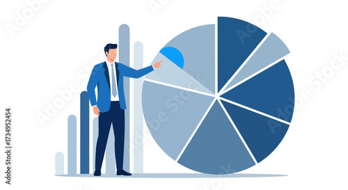 Business professional explaining pie chart data analytics with upward trending bar graphs illustration