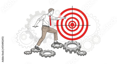 Business man reaches the target, achieving success through strategic steps and gears