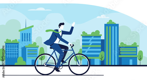 Business man riding bicycle in the city, concept of enviroment protection, lifestyle