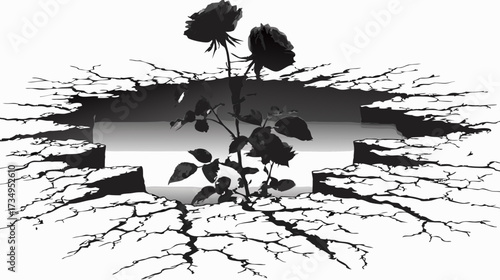 Resilient rose plant emerging from cracked ground, symbolizing strength, growth, perseverance, and new beginnings in adversity.