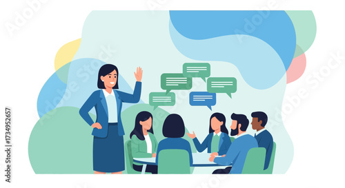 Business meeting illustration of team discussing ideas and strategies together at work