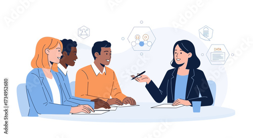Business meeting illustration with diverse team members discussing important data analysis strategy