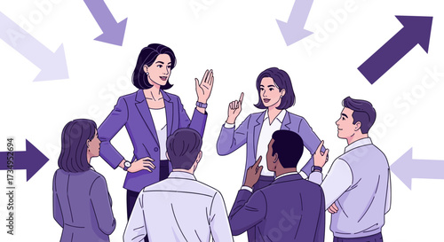 Business meeting illustration with people discussing plans and strategies in an office environment