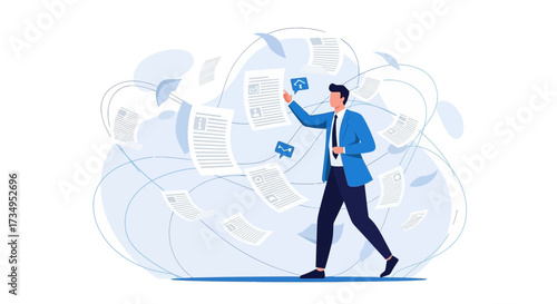 Business professional managing documents to demonstrate data analysis and financial strategies