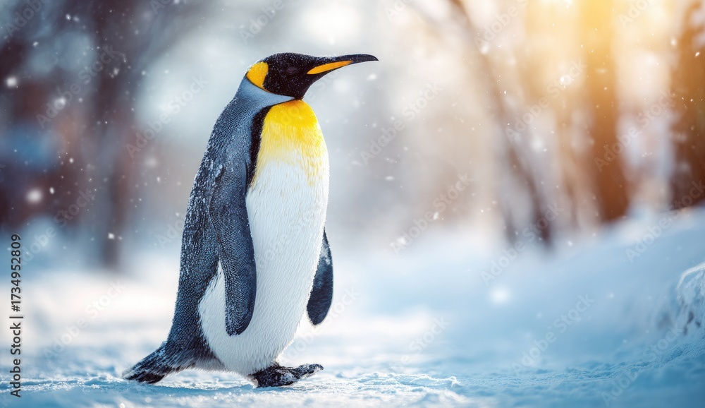 Fototapeta premium Majestic king penguin strolls across a snowy landscape, showcasing its striking plumage and wintery surroundings.