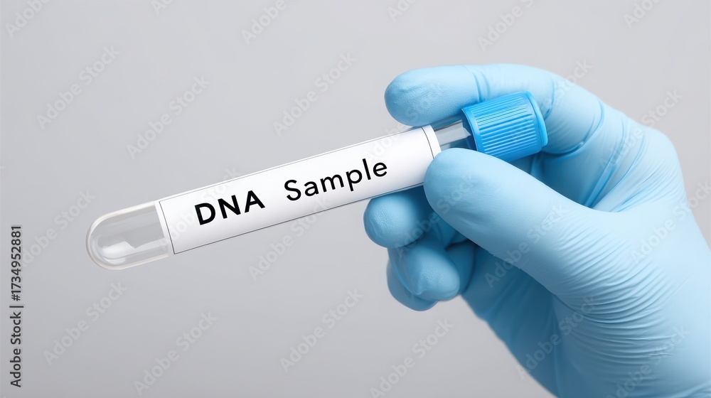 Obraz premium A gloved hand holds a test tube labeled