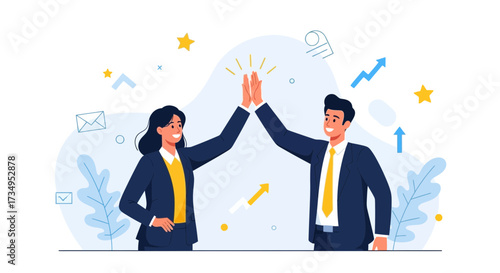 Business Partners Celebrating Success with a High Five and Achieving Goals in a Flat Illustration