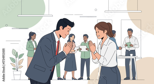 Business people bowing as a sign of respect, greetings and welcome in the office space