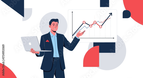Business professional presenting financial data analysis with laptop and rising graph or arrow