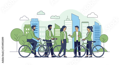 Business people on bicycles in a city promoting an eco friendly environment or transportation