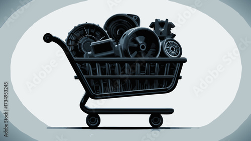 E-commerce shopping cart filled with various mechanical, automotive, and industrial spare parts on a light gray background, 3D render.