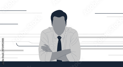 Business person silhouette with arms crossed and abstract graphics on a white background